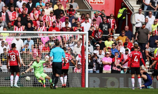 Manchester United's Matthijs de Ligt scores their first goal past Southampton's Aaron Ramsdale 