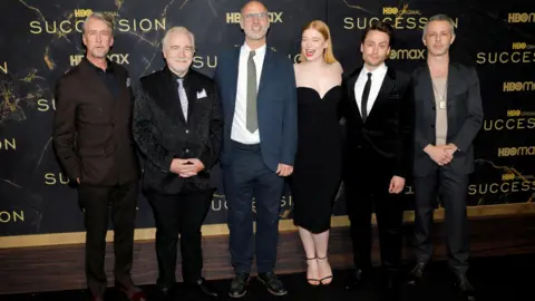 Reuters Alan Ruck, Brian Cox, Jesse Armstrong, Sarah Snook, Kieran Culkin and Jeremy Strong, pose while attending the premiere for the third season of Succession in 2021