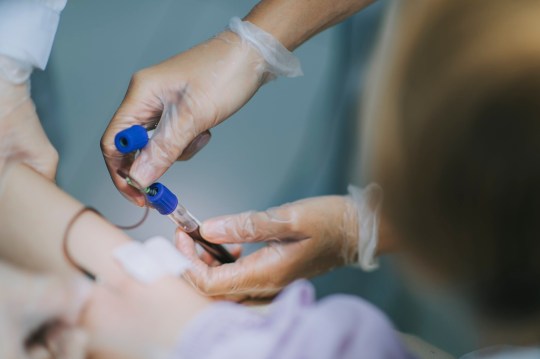 Hands wearing gloves hold a cample container being filled with dark red blood flowing through a small pipe from a patient's arm.