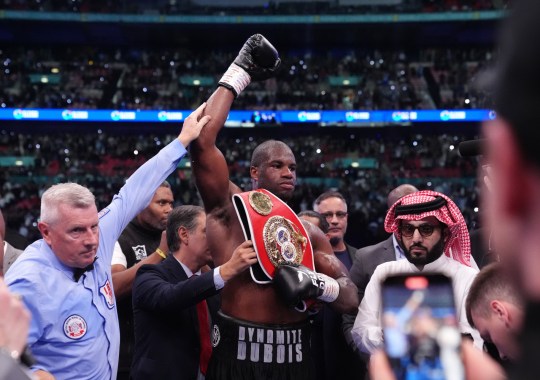 Daniel Dubois celebrates victory against Anthony Joshua (not pictured) following the IBF World Heavy weight bout at Wembley Stadium, London