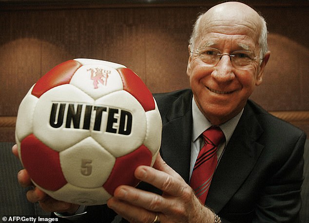 Sir Bobby Charlton (pictured holding a ball with United written on it during an interview with local press at a hotel in Hong Kong in 2005)  died , 86, with dementia in 2023