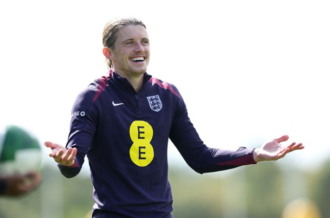 Conor Gallagher of England reacts during a training session at St Georges Park 