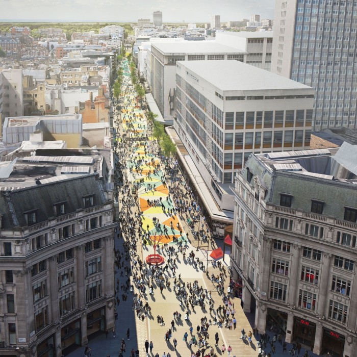 A CGI showing hundreds of pedestrians on a traffic-free Oxford Street