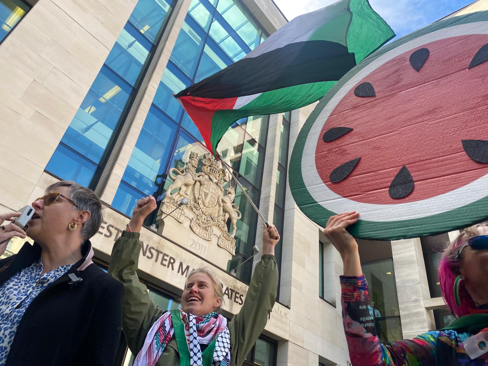 Protesters outside Westminister Magistrates’ Court on Thursday