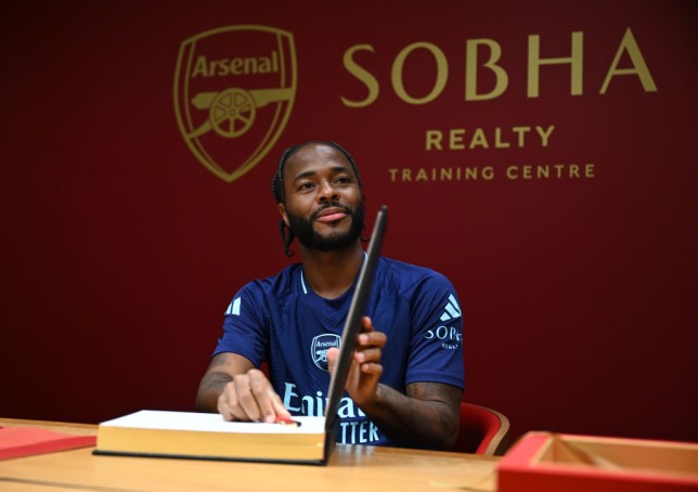 rsenal unveil new signing Raheem Sterling at Sobha Realty Training Centre on August 30, 2024 in London Colney