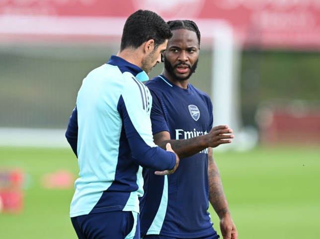 Arsenal forward Raheem Sterling with Mikel Arteta