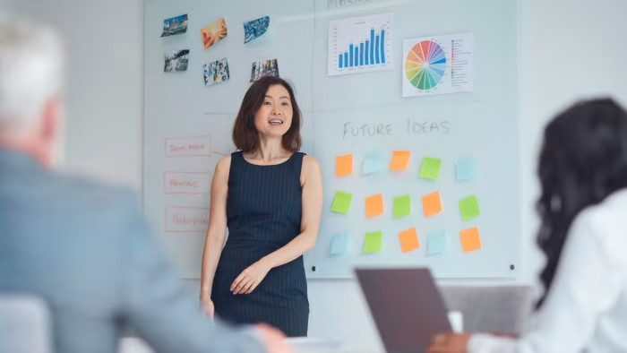 A businesswoman is giving a presentation to her colleagues in a board room. She is standing in front of a whiteboard with charts, photographs, and colourful sticky notes labelled “Future Ideas.” Two colleagues, one male and one female, are seated facing her.