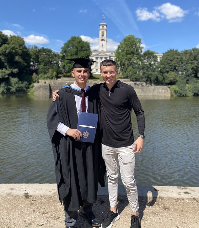 Jordan, right, poses with Cian on his graduation. Cian now works as a physiotherapist following three years at university