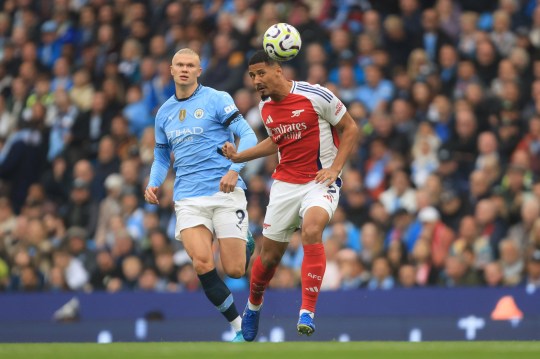 Erling Haaland of Manchester City and William Saliba of Arsenal