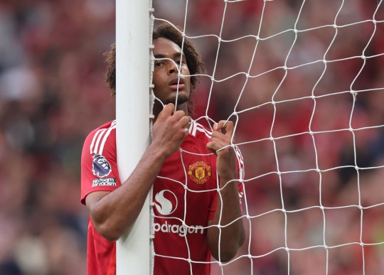 Joshua Zirkzee of Manchester United reacts after missing a chance during the Premier League match between Manchester United FC and Liverpool FC at Old Trafford