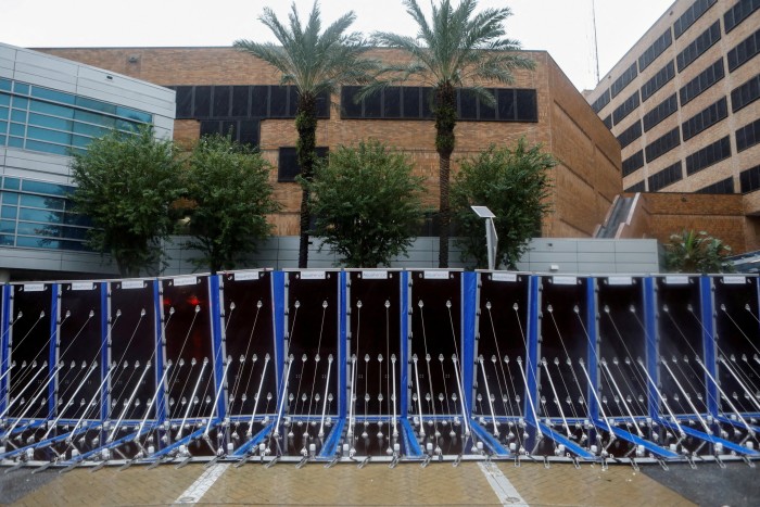 Flood protection barriers outside Tampa hospital in Florida, US on October 9 2024