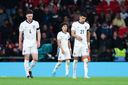 England players look dejected after conceding a late winner during the UEFA Nations League 2024/25 League B Group B2 match between England and Greece 