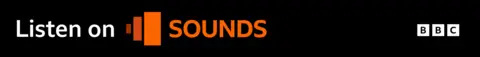 Listen on BBC Sounds banner. White text on a black background with an orange BBC Sounds logo.