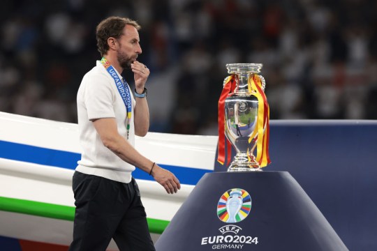 Gareth Southgate Head coach of England reacts as he walks past the Henri Delaunay Cup following the 2-1 defeat in the UEFA EURO 2024 final match between Spain and England