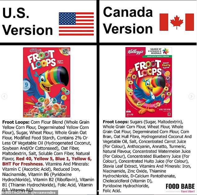 Mendes shared the above comparison of Froot Loops in the US versus Canada