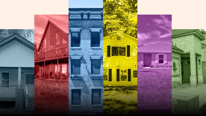 a montage of five distinct houses, each separated by vertical panels in different colours