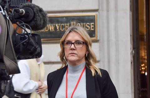 Former sub-postmistress and victim of the Horizon scandal Janet Skinner gives an interview outside the inquiry, January 2024