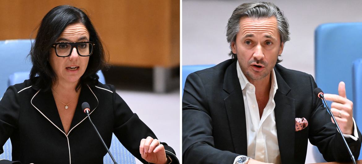 Professors Jocelyne Bloch (left) and Grégoire Courtine (right) brief the Security Council.