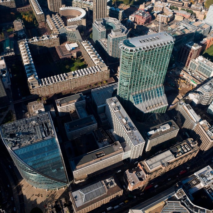 Aerial view of Citypoint and Barbican Centre in London