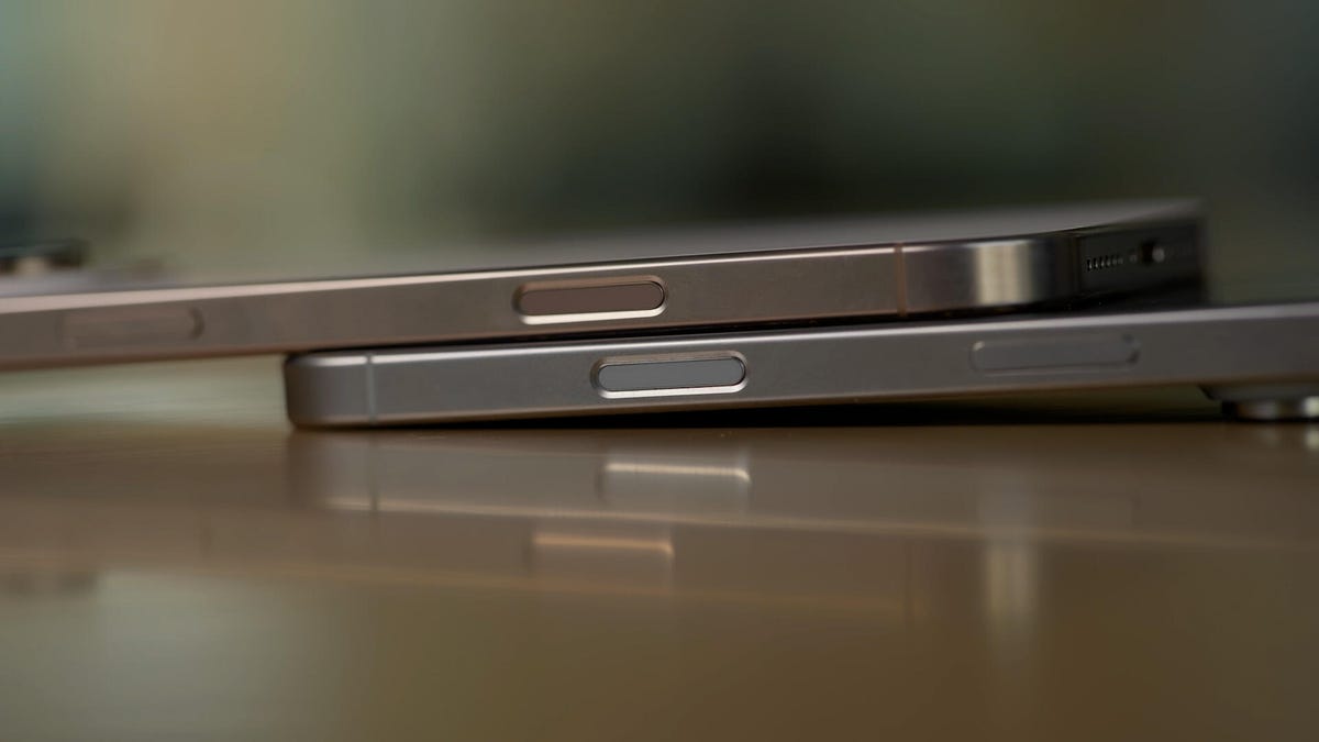 An iPhone 16 Pro and 16 Pro max with their camera button showing