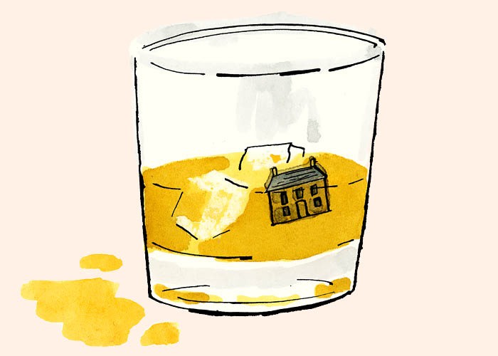 An illustration of a glass filled with a golden liquid, resembling whiskey, with two ice cubes and a small house floating inside