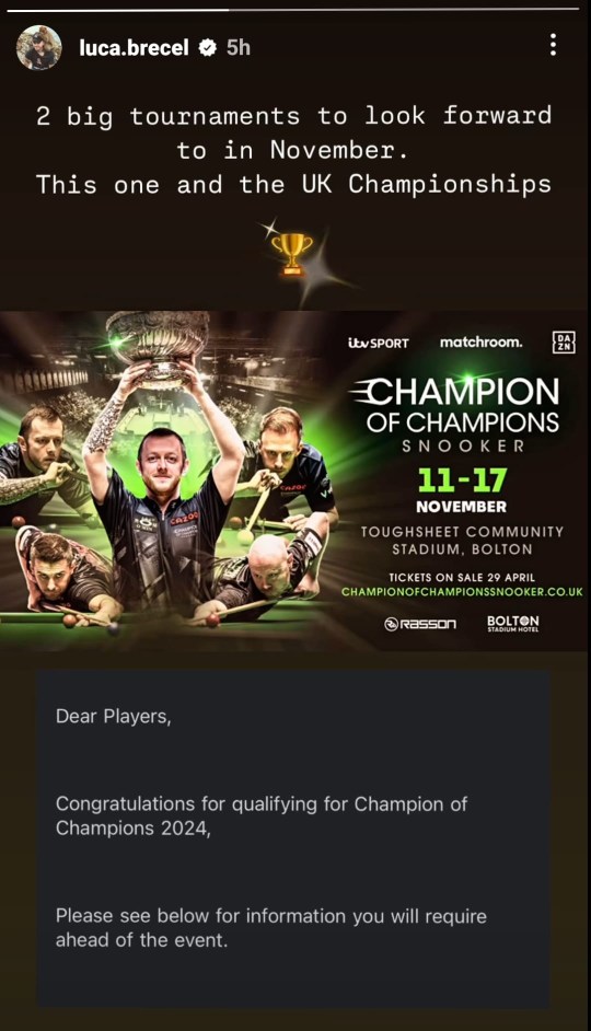 Luca Brecel confirms his Champion of Champions place on Instagram