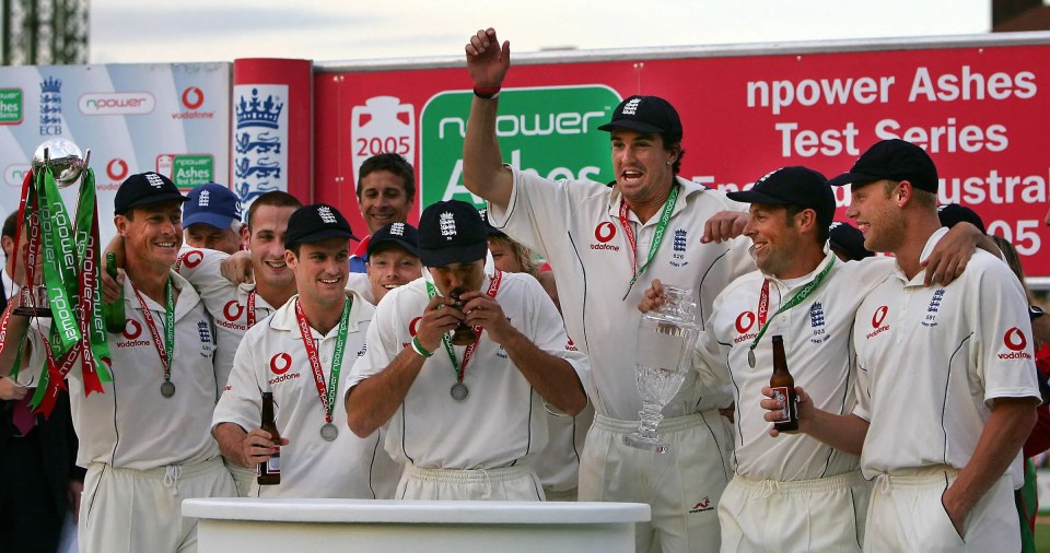 Vaughan, centre, kisses the Ashes after England triumphed in the iconic 2005 series