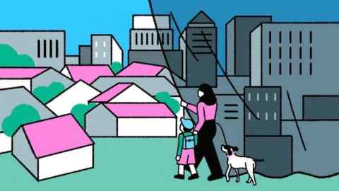 Illustration of an image of Canary Wharf’s skyline on a curtain being drawn by a woman and child, revealing a greener low-rise estate