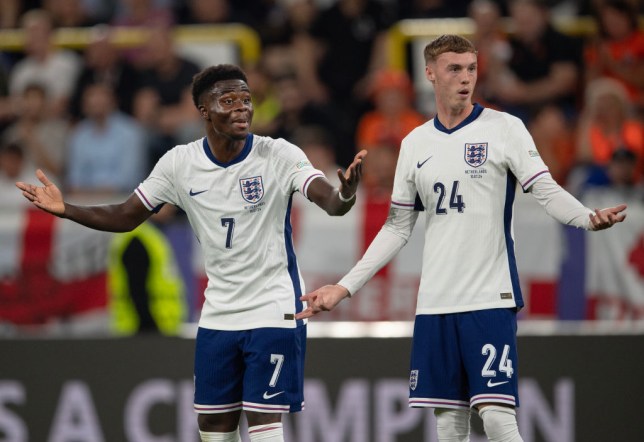 Bukayo Saka and Cole Palmer of England during the UEFA EURO 2024 semi-final match between Netherlands and England at Football Stadium Dortmund