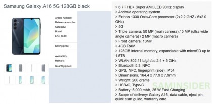 Galaxy A16 5G key specs and render