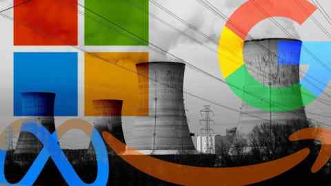 Montage image showing logos of Microsoft, Meta, Google and Amazon over the Three Mile Island nuclear plant