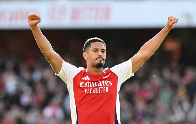 William Saliba of Arsenal celebrates at full-time following the team's victory in the Premier League match between Arsenal FC and Leicester City FC at Emirates Stadium on September 28, 2024 in London, England