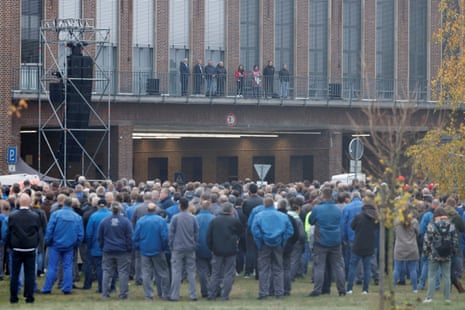 Daniela Cavallo, Chairwoman of the General and Group Works Council of Volkswagen AG, speaks to employees announcing job cuts, at the company’s headquarters in Wolfsburg today