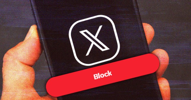 Image of a hand holding a phone with the X logo on it next to a red 'block' button