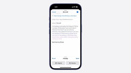 Apple's Rewrite tool demonstration on an iPhone screen