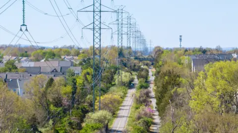 Hugh Kenny Electricity pylons along a road in Ashburn