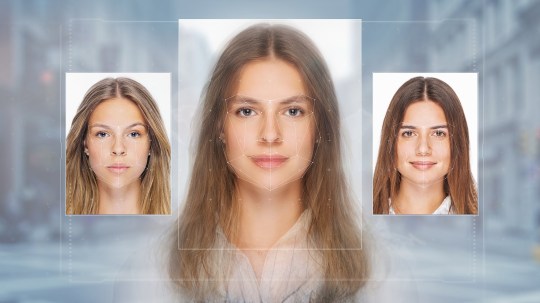 Biometric technology digital Face Scanning form lines, triangles and particle style design