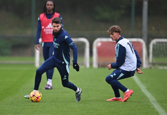 Jorginho and Max Dowman of Arsenal during a training session at Sobha Realty Training Centre on November 09, 2024 in London Colney, England.