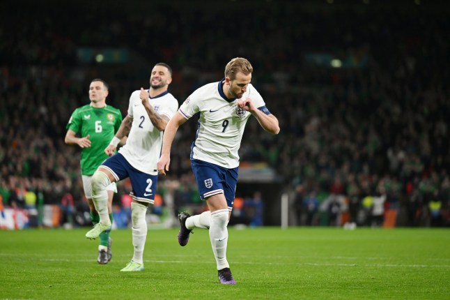 LONDON, ENGLAND - NOVEMBER 17: Harry Kane of England celebrates scoring a penalty to make it 1-0 during the UEFA Nations League 2024/25 League B Group B2 match between England and Republic of Ireland at Wembley Stadium on November 17, 2024 in London, England. (Photo by Michael Regan - The FA/The FA via Getty Images)