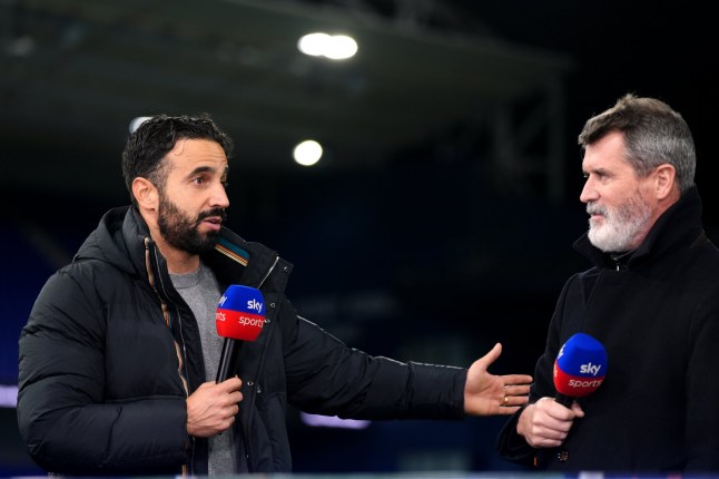 Manchester United manager Ruben Amorim (left) is interviewed by Sky sports roy Keane following the Premier League match at Portman Road, Ipswich. Picture date: Sunday November 24, 2024. PA Photo. See PA story SOCCER Ipswich. Photo credit should read: Bradley Collyer/PA Wire. RESTRICTIONS: EDITORIAL USE ONLY No use with unauthorised audio, video, data, fixture lists, club/league logos or 