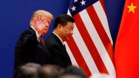 Donald Trump and Xi Jinping walking side by side with US and Chinese flags in the background