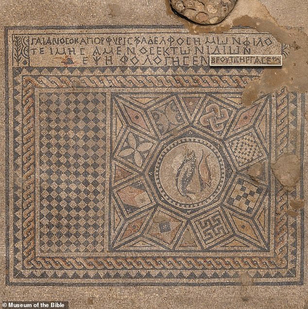 The Megiddo Mosaic (pictured) was unearthed during the expansion of a high-security prison in Israel. The mosaic had an inscription at the top (pictured) that said: 'The god-loving Akeptous has offered the table to God Jesus Christ as a memorial'