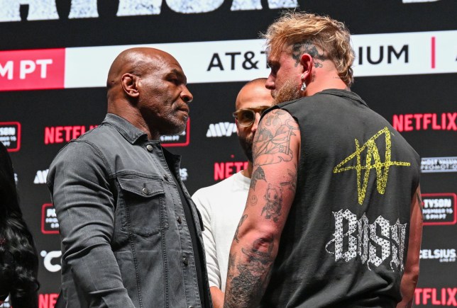 Mike Tyson and Jake Paul faceoff at a press conference at the Toyota Music Factory in Irving, Texas on November 13, 2024 for their heavyweight world titles of the Premiere Boxing Championship which will be on November 15 Friday night at AT&T Stadium in Arlington, Texas, United States.