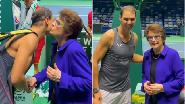 A screenshot from a viral video showing Billie Jean King kissing Rafael Nadal on the cheek 