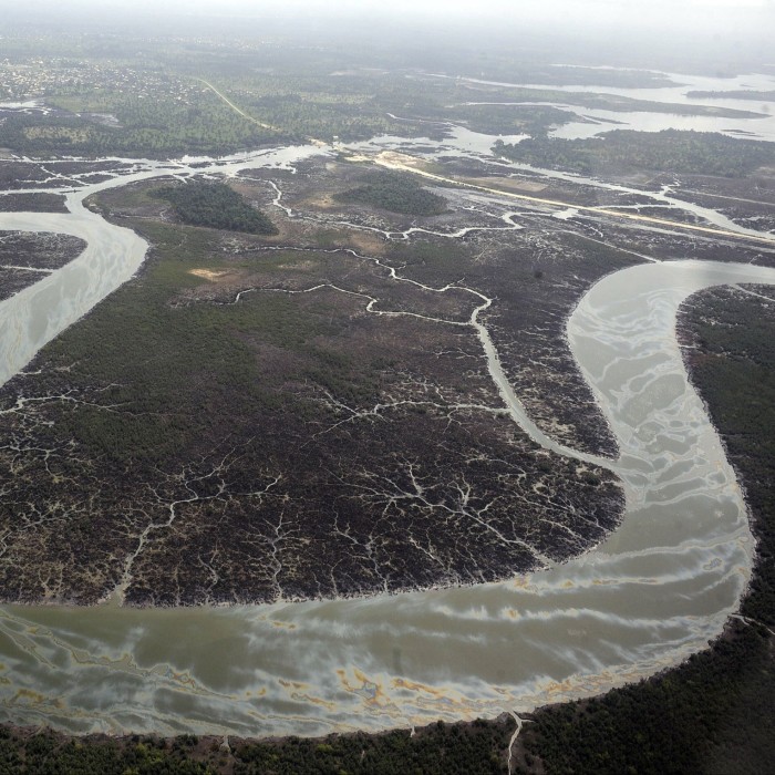 Creeks and vegetation devastated as a result of spills from oil thieves in the Niger Delta 