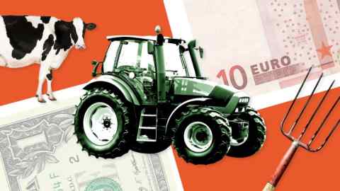 Montage image of a tractor, pitch fork, cow and dollar and euro bills