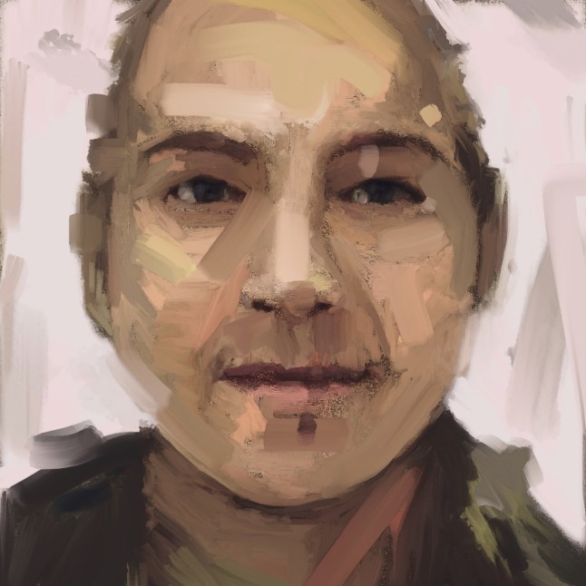 A stylised rendition of the composite image in the style of a traditional self-portrait painting