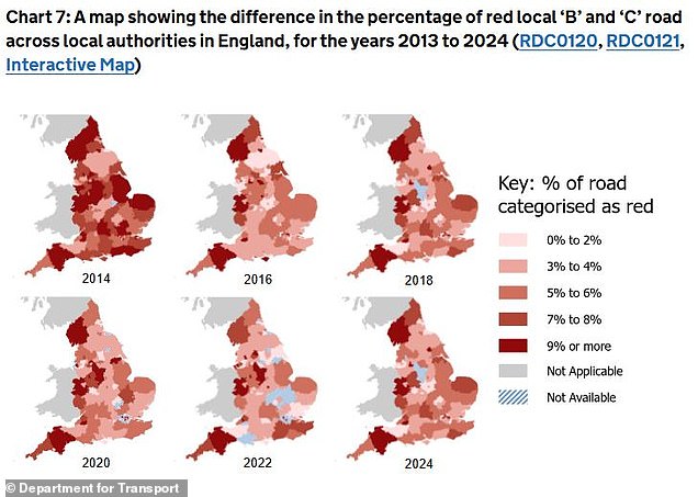 This maps show the dramatic increase in B and C roads considered to be in a poor condition over the last decade