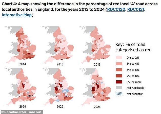 This maps show the dramatic increase in A roads considered to be in a poor condition over the last decade