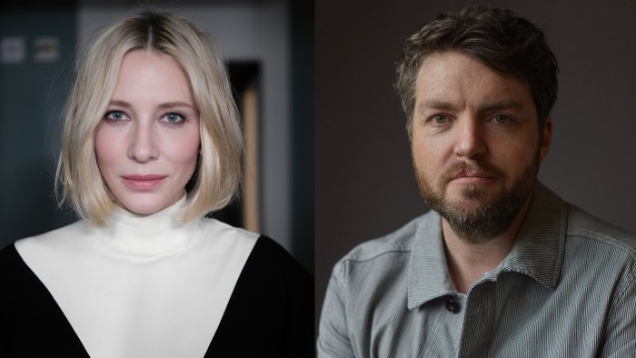 Two images, one of Blanchett and one of Burke. She has shoulder length blond hair and a white top, he has short hair, a beard, and a grey shirt